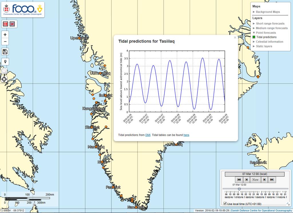 Online observations and fore-casts are available in Danish and English on several web sites such as: http://fcoo.dk/ Tidal prediction Tides are predicted and presented for a range of Greenland cities.
