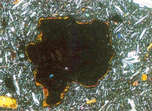 on this equidimensional olivine crystal are flat, planar ones, whereas others are curved and embayed.