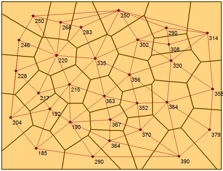 86 6.6 Metóda prirodzeného suseda Metóda prirodzeného suseda je založená na priradzovaní váh podľa veľkosti plôch Thiessenových polygónov pre určovaný bod (Sibson, 1981).