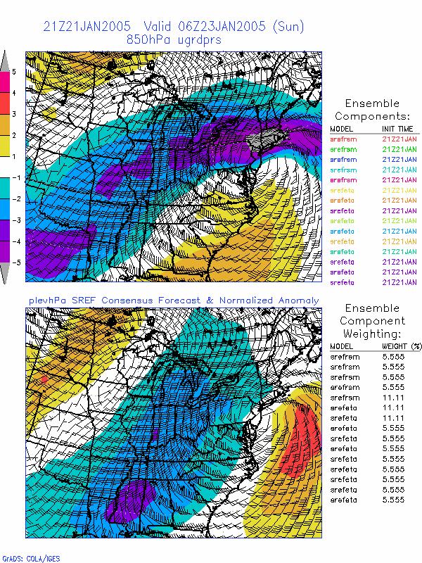 Figure 11 SREF forecasts initialized at 2100 UTC 21 January 2005 showing EPS mean 850 hpa