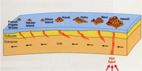 3. Hot Spots (Shield Volcanoes) As the plate moves, it carries the hot spot with it, so that chains of volcanic islands