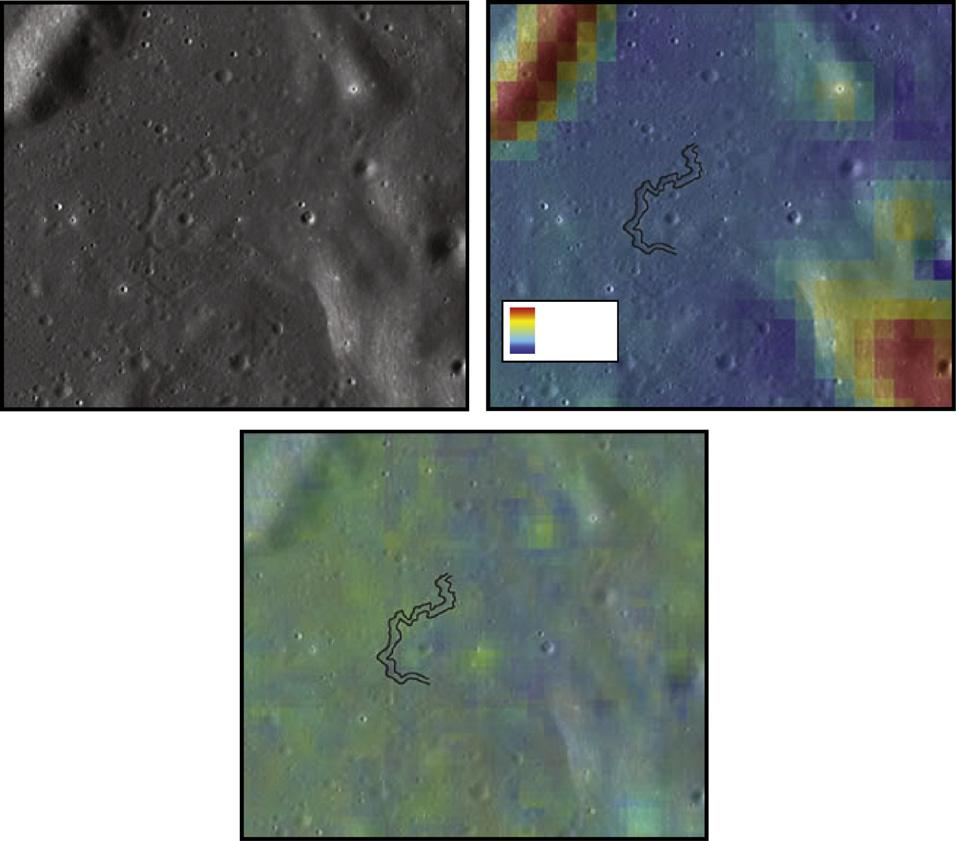 red indicates highland material, and blue/green represents high-ti mare and relatively fresh material (i.e., impact ejecta).