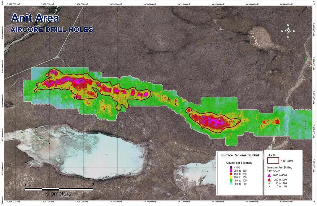 Anit target U-V (rich?) deposit Historical Exploration: 5,044 m aircore drilling; 81 holes mineralized with average of 2.6m @ 0.03% U 3 O 8 and 0.