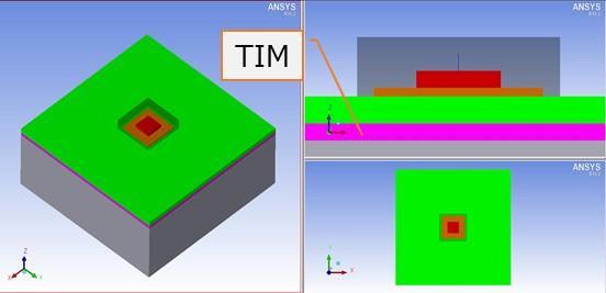 In order to simulate the effect of a TIM, we prepared two package models with a simplified structure as shown in Figure 15. A device consists of a chip (5.0 5.0 mm, t = 1 mm), E-pad (10.0 10.
