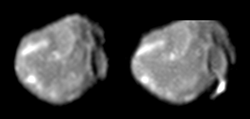 Amalthea, as photographed by the Galileo spacecraft. The left is from August 12, 1999 at a range of 446,000 km, the right from November 26, 1999 at a range of 374,000.