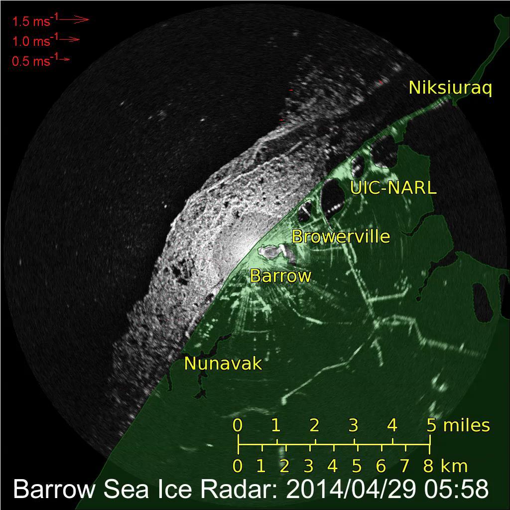 Real world application UAF ice radar data used by Barrow Search & Rescue April 29, 2014: Mid-season breakout of landfast ice casts several hunters adrift