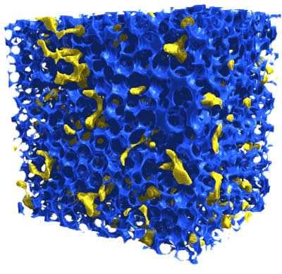 A representative sample of a porous medium Blue regions represent water, yellow