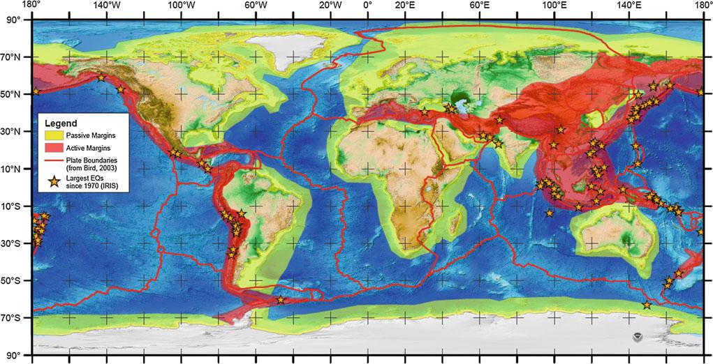 Fig. 1 Map of passive (green) and active (red) margins of the world modified from passive margin compilation by Bradley (28).