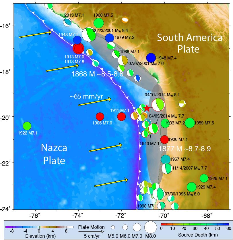 398 399 400 401 402 403 404 405 406 407 Figure S1. Map of the source regions of the 1868 Peru and 1877 north Chile megathrust ruptures (ellipses).