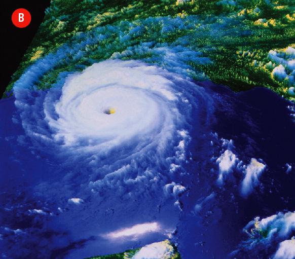 a satellite image of a hurricane (B).
