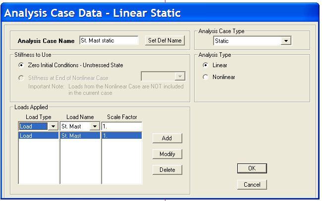Figure 4.10 Setting the parameters of linear static analysis case (St. Mast Static) Once all previous steps are completed, run the static analysis case (St. Mast Static) as shown in Figure 4.11.