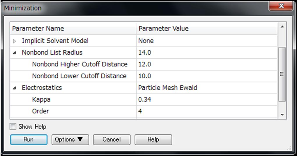 Settings in Discovery Studio (4) Set Electrostatics to Particle Mesh Ewald to use this method. Van der Waals interactions are calculated with the cut-off method.