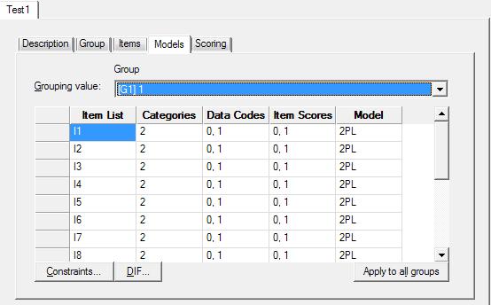 E. In the Models tab, we can specify which items to test for DIF and which items (and item parameters) to constrain as equal across groups.