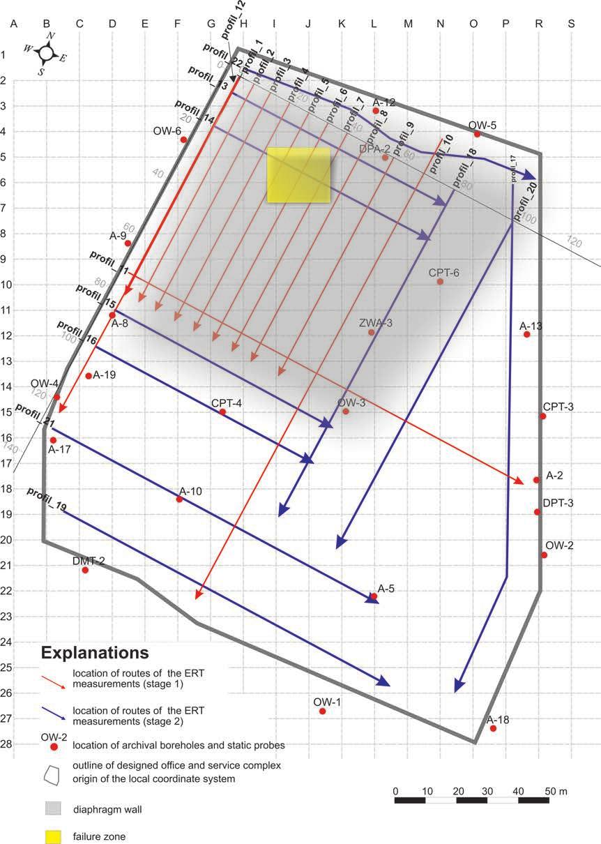 94 G. PACANOWSKI et al. Fig. 5. Doc u men tary map of ERT mea sure ments. The lo ca tion of mea sure ment pro files are shown in Fig. 5. The frac ture zone is sit u ated in the NW part of the trench (Fig.