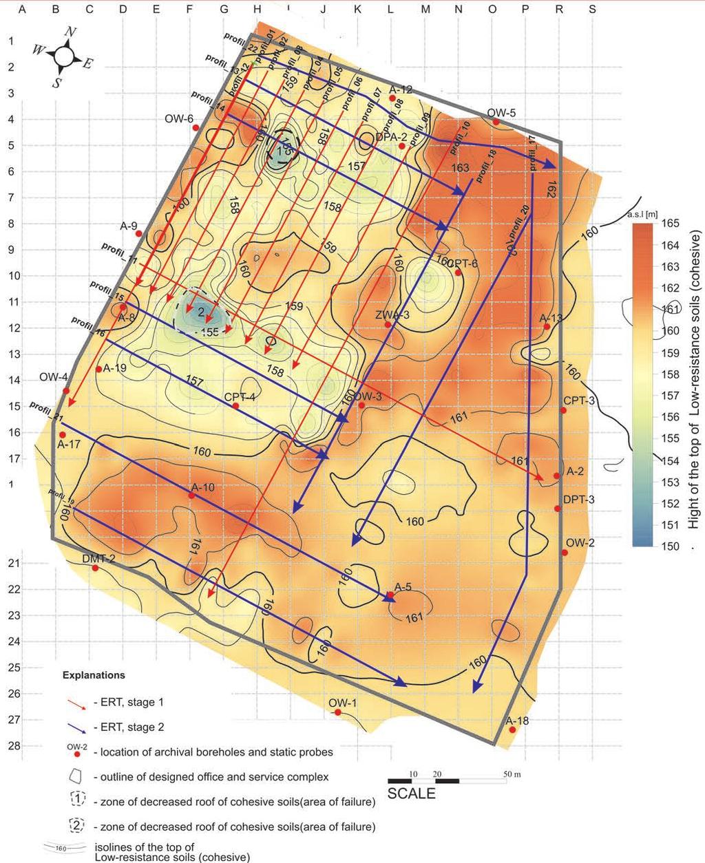 98 G. PACANOWSKI et al. Fig. 11. Map of the roof of low-re sis tiv ity soils (co he sive) made on the ba sis of ERT cross-sec tion and ar chi val bore holes.