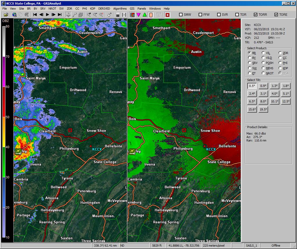 Figure 10. KCCC 0.5 degree reflectivity (Z) and velocity (V) showing the mini-derecho at 1531 UTC. Towns are referred to in text.
