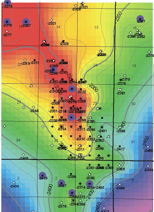 Traps Structural Small Structures Large Structures 1 mile 1 mile 3-D Seismic Time Structure Map on the Pawnee, Western Kansas The single well at intersection of red lines has produced 100,000+ BO
