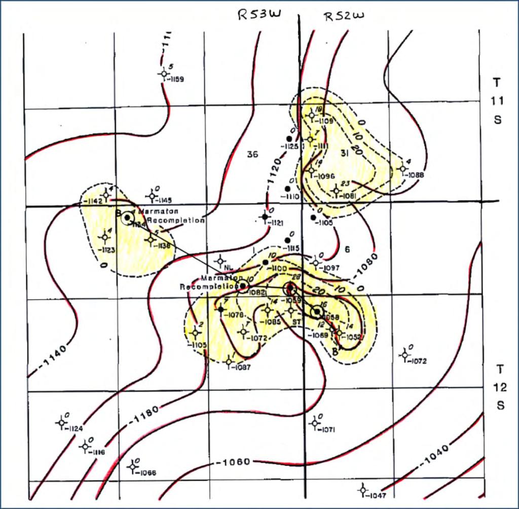 Clifford Field continued. Yellow Areas = Pawnee Porosity Marmaton (Pawnee) Production on structural highs. Discontinuous porosity development.