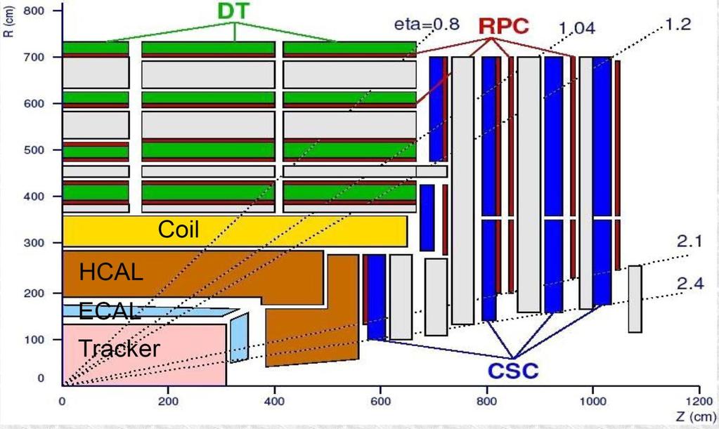 Muon system: Drift Tubes (DT) in central barrel region CMS Detector for Quarkonia Cathode Strip Chambers (CSC) in endcap region Resistive Plate Chambers (RPC) in barrel and endcap Tracker system: