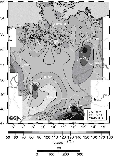 Figure 1: Temperature distribution in Germany in a depth of 3000 m (Jung et al., 2002). The brittle carbonate rocks are broken up and fractured by major fault zones in the Rhine Graben rift system.
