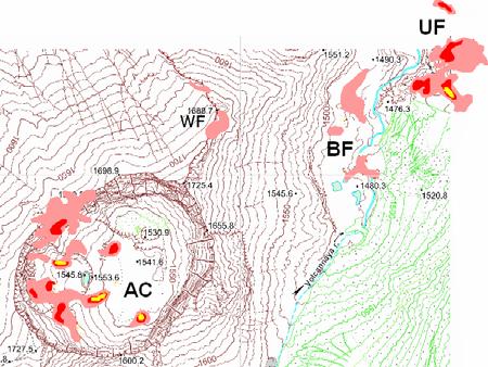 Based on IR-survey performed thermal anomalies of the Active Crater (AC), Bottom Field (BF) and upper field (UF), and a new thermal anomaly WF, located 300 m west to Bottom Field (BF) were detected