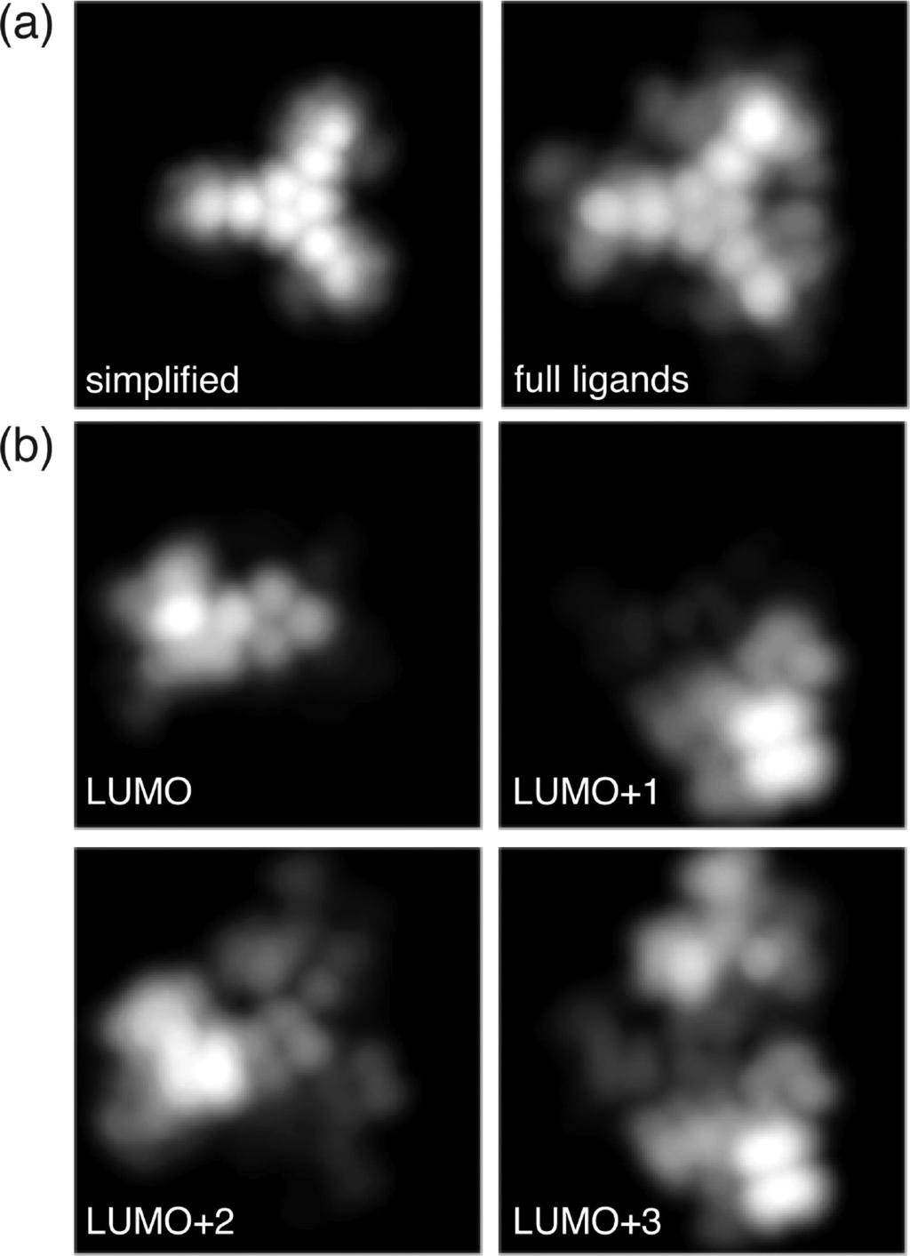 Figure 3. (a) Comparison of simulated STM images for neutral Fe3, using simplified ligands but optimized geometry, or full ligands but single-point geometry.