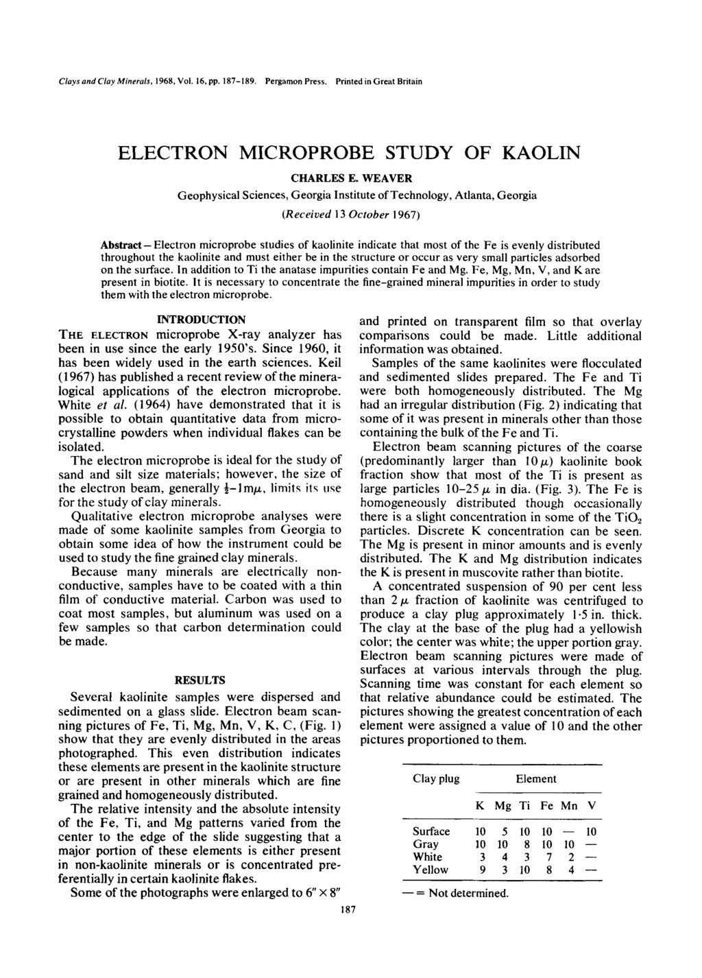 Clays and Clay Minerals, 1968, Vol. 16, pp. 187-189. PergarnonPress. Printed in Great Britain ELECTRON MICROPROBE STUDY OF KAOLIN CHARLES E.