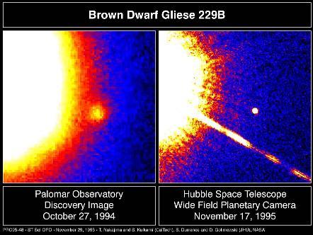 14 light years away in the constellation Lepus orbiting the low mass red star Gliese 229 is the brown dwarf Gliese 229B.