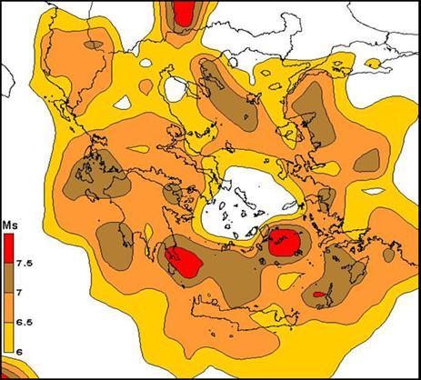 areas (brown colored areas) were followed by decreased large (Ms>6.0R) seismicity. Moreover, an increase of the stored seismic energy corresponding to only a half (0.