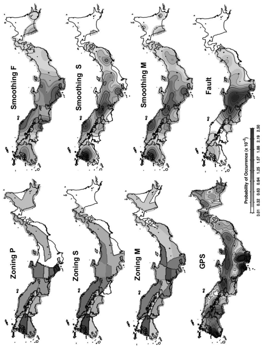 W. TRIYOSO AND K. SHIMAZAKI: SEISMIC POTENTIAL MODEL TESTING 675 Fig. 2. Eight earthquake potential models showing a probability of occurrence of large shallow crustal earthquakes (M 6.