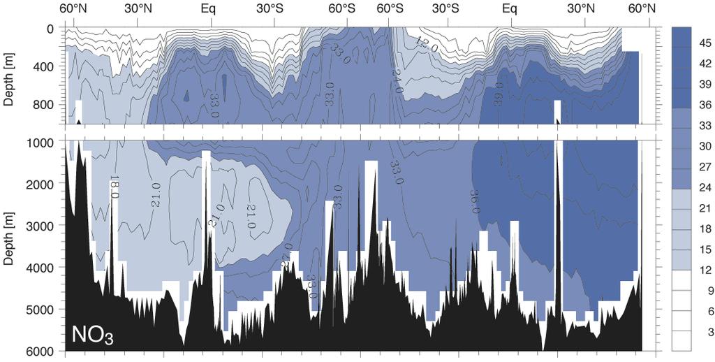 dissolved inorganic nitrogen (DIN) distribution of NO 3- in the oceans