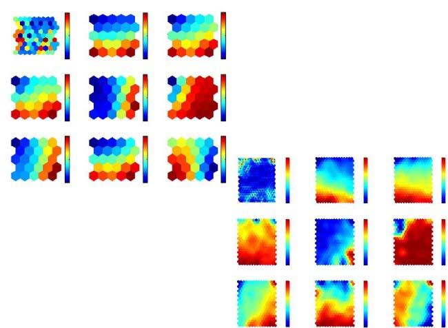 from us, in general, all CP shows a colored pattern that represents how variables is distributed in the SOM grid, Figure 10 shows two CPs for a short and a big CP SOM grid.