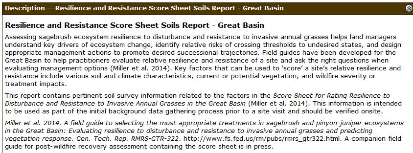 Using the Resilience and Resistance Score Sheet Soils Report Great Basin 7. To create a PDF file of the report, click on the Printable Version button in the upper right corner of the screen.