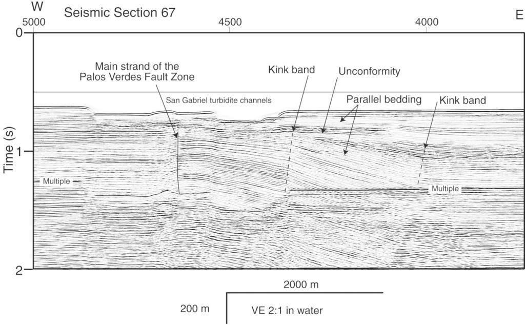518 Figure 9. Detailed seismic section 67 over the Palos Verdes fault zone under the bathymetric saddle between the San Pedro shelf and the Lasuen Knoll.