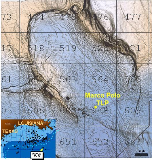 Location map with bathymetry showing the Marco Polo TLP on the continental slope 175 miles (281 km) south of