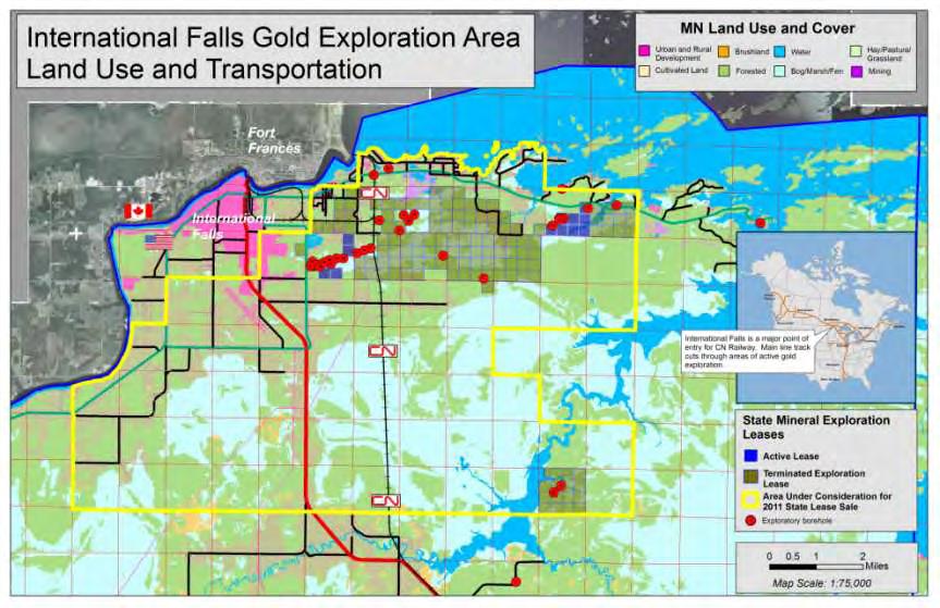 International Falls Area Land Use and Transportation The International Falls area is largely undeveloped wetlands and forested areas.
