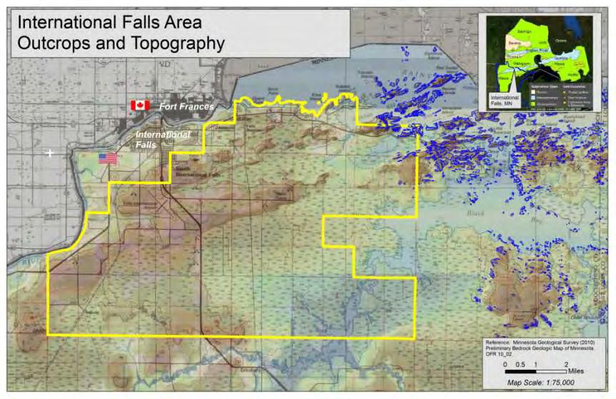 Outcrops from MGS (OFR 10_02, 2010) The International Falls Area has relatively low