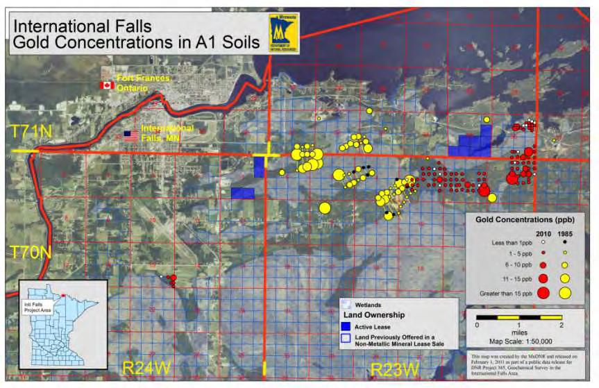 Gold concentrations in the 110 A1 soil samples collected by the MnDNR in 2010 are comparable to