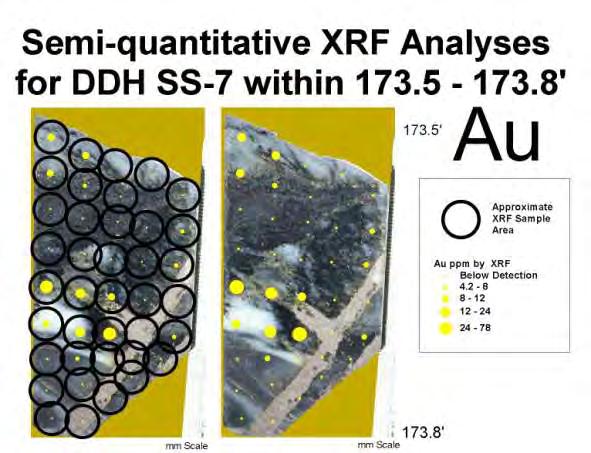 New drill core geochemistry Approximate XRF Sample Area Au ppm by XRF Below detect 4.
