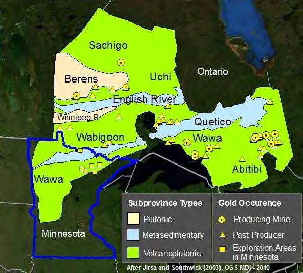 The Superior Province, broadly speaking, consists of alternating belts of greenstone (green) and plutonic