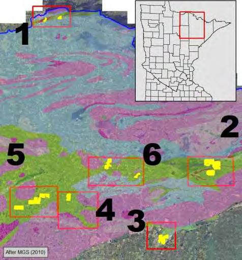 Gold in Minnesota: Areas of Interest 1. International Falls 2. Vermilion District 3. Virginia Horn 4. Bigfork East 5. Bigfork West 6.