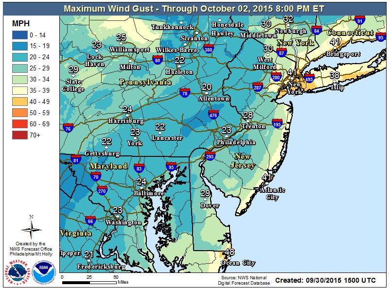 Wind gusts of 45+ mph are possible near the