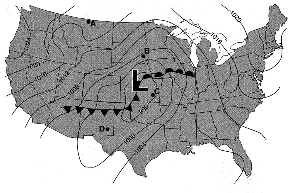 Base your answers to questions 29 through 31 on the weather map below, which shows a low-pressure system over the central United States. Isobars are labeled in millibars.