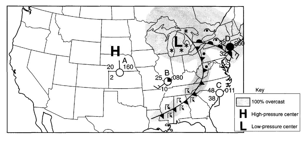 46. Base your answer to the following question on the weather map below, which shows a storm system centered near the Great Lakes. Letters A through D represent weather stations shown on the map.
