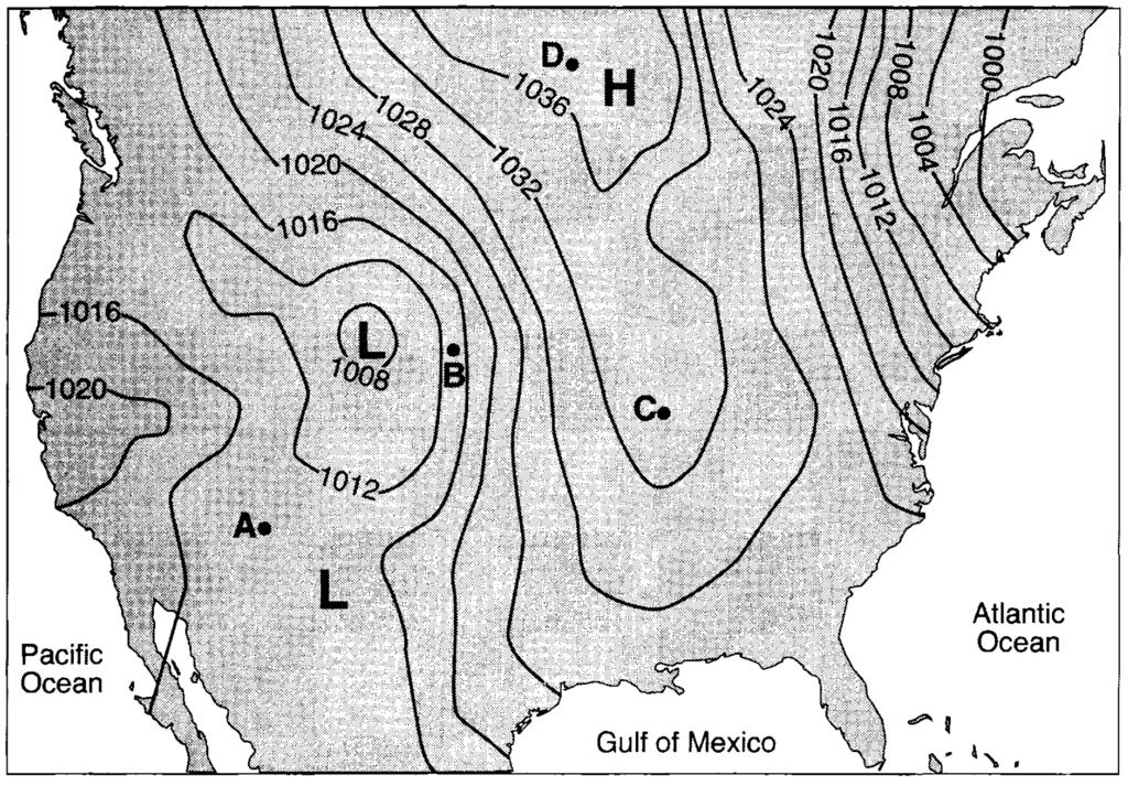 67. The weather map below shows isobars labeled in millibars.