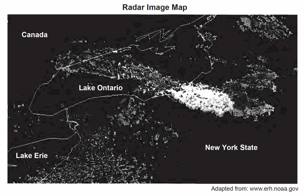 68. Base your answer to the following question on the reading passage about lake-effect snow and the radar image map below, and on your knowledge of Earth science.