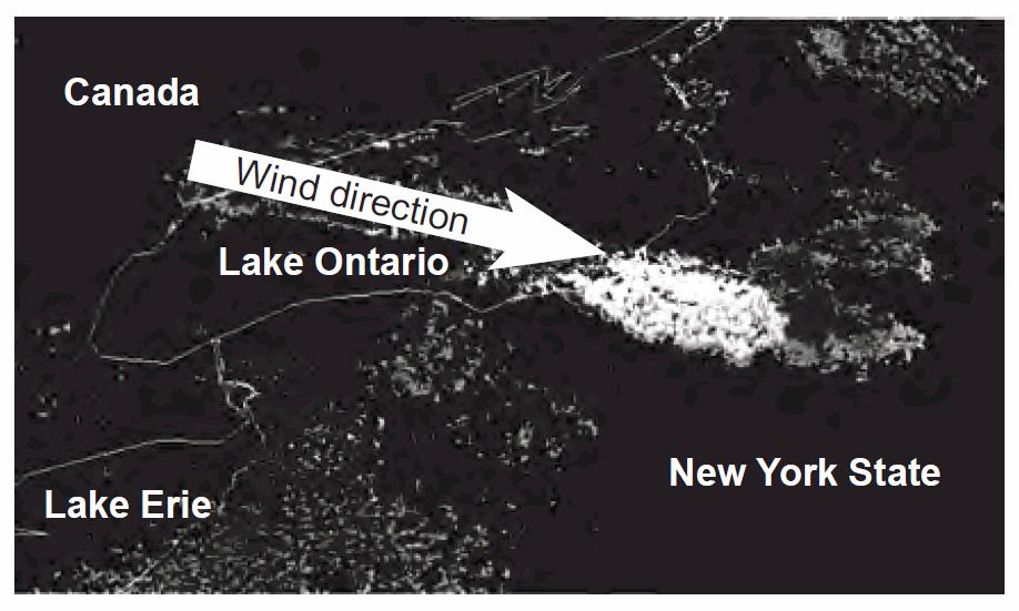 Which map shows the most likely direction that winds were moving across Lake Ontario to produce this lake-effect snow?