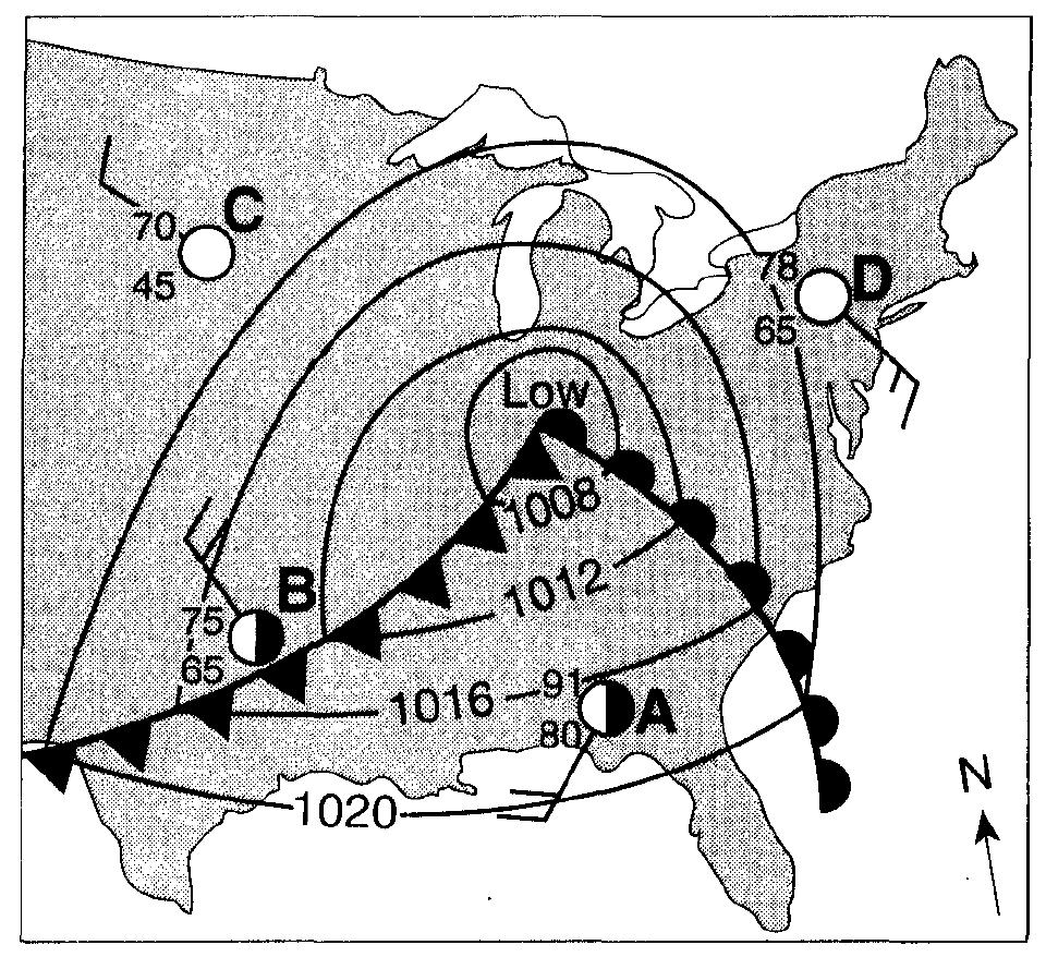 Base your answers to questions 103 and 104 on the weather map below, which shows a low-pressure system over the eastern United States. Letters A through D represent weather stations. 103. Which weather instrument was used to measure wind speed at station D?