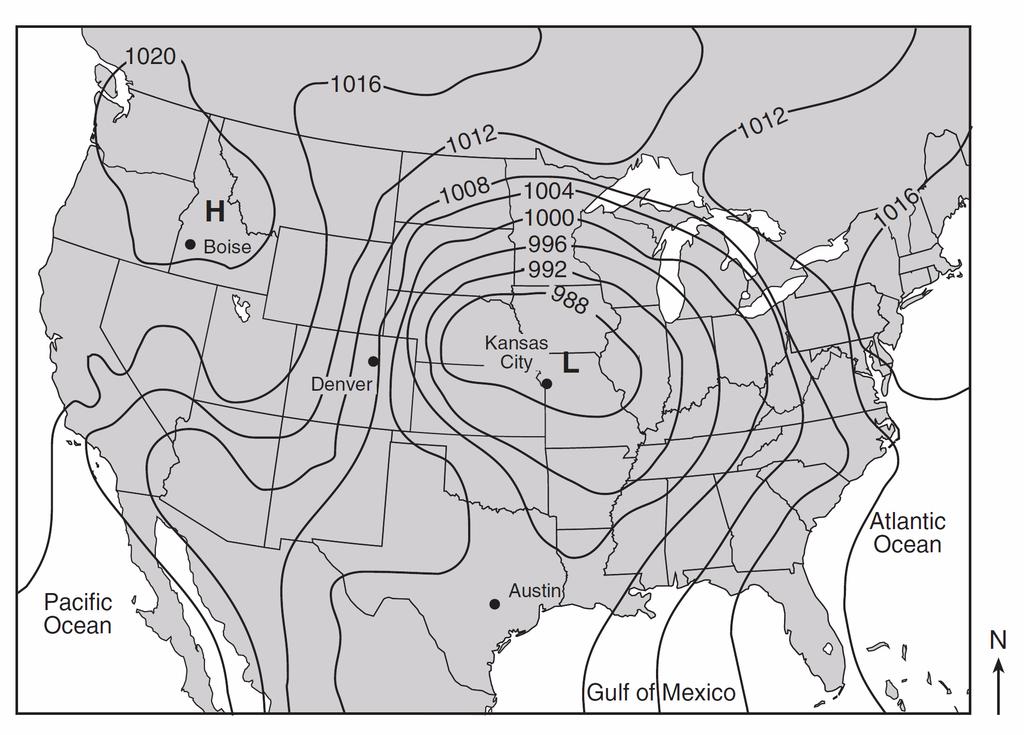 109. The map below indicates an air-pressure field over North America. Isobar values are recorded in millibars. At which city was the greatest wind speed occurring?
