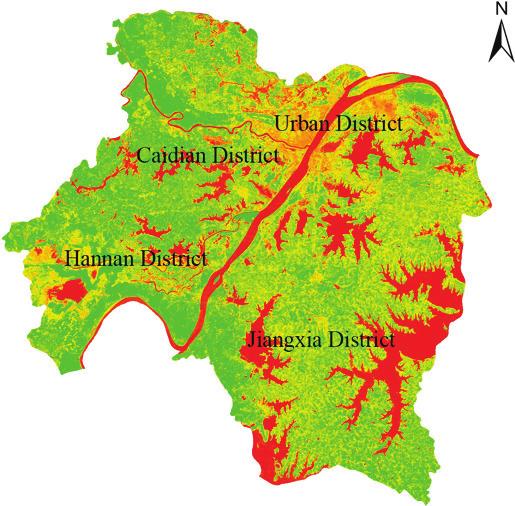 Figure 3 The vegetation fraction map in Wuhan in 1988,1991,1996,2002 from left to right 4.